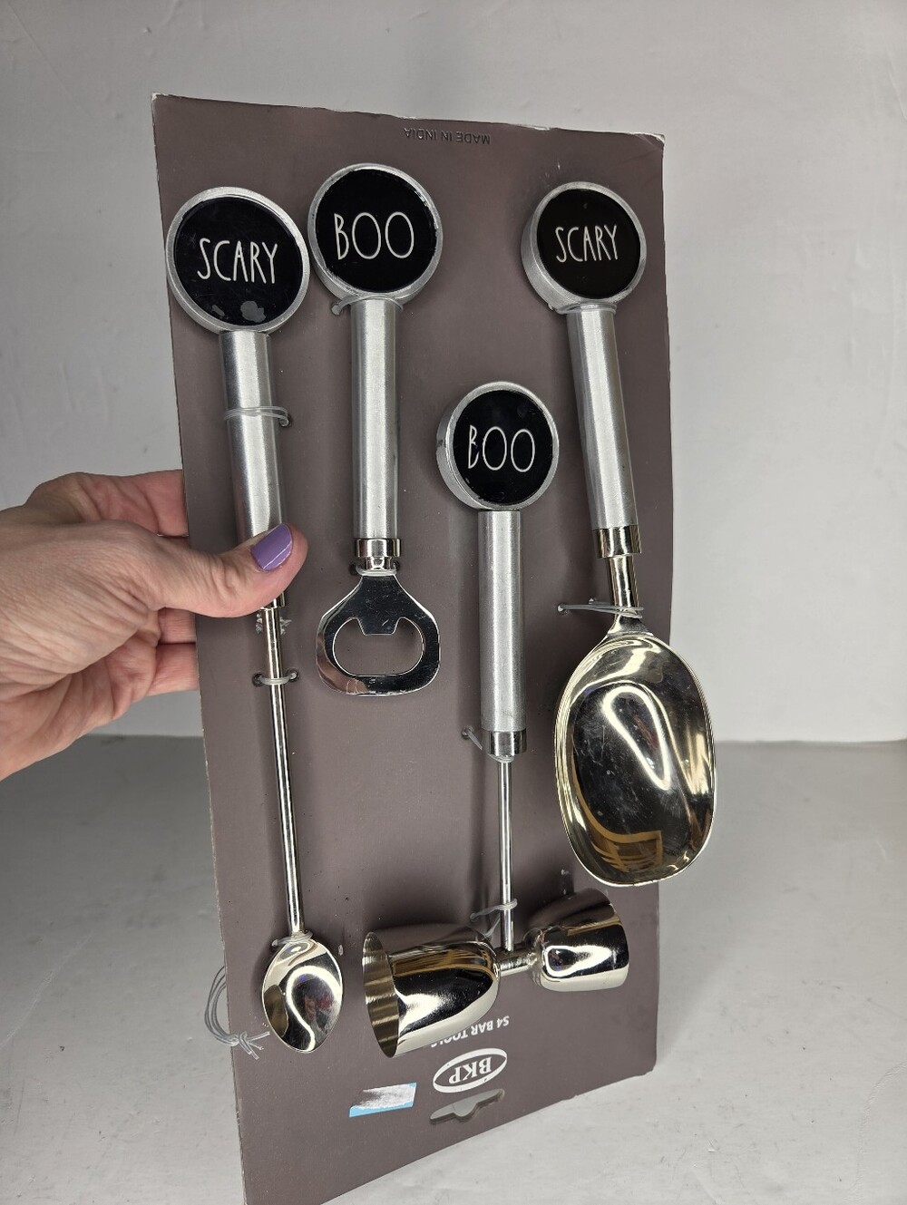 Halloween Stainless Steel Silver Bar Tool Set Boo Scary Rae Dunn Font